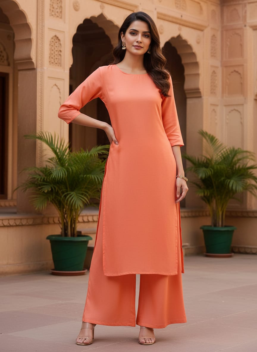 Dark Peach Colour Natural Crepe Plain Dyed Fabric