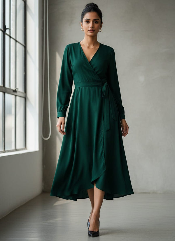 Bottal Green Colour Natural Crepe Plain Dyed Fabric - Wrap Dress Lookbook - PLNC-0-PL1808-110 - alternate view