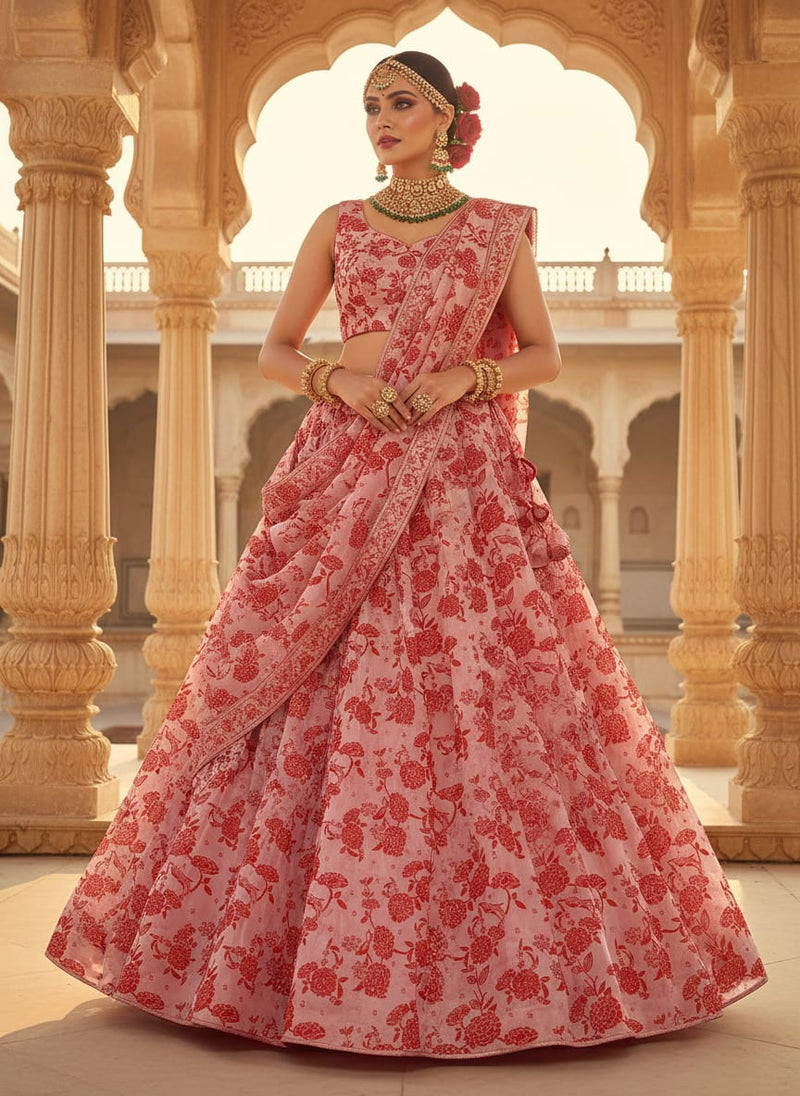 Attractive Red Dahlia Flower Digital Printed Fabric - Organza