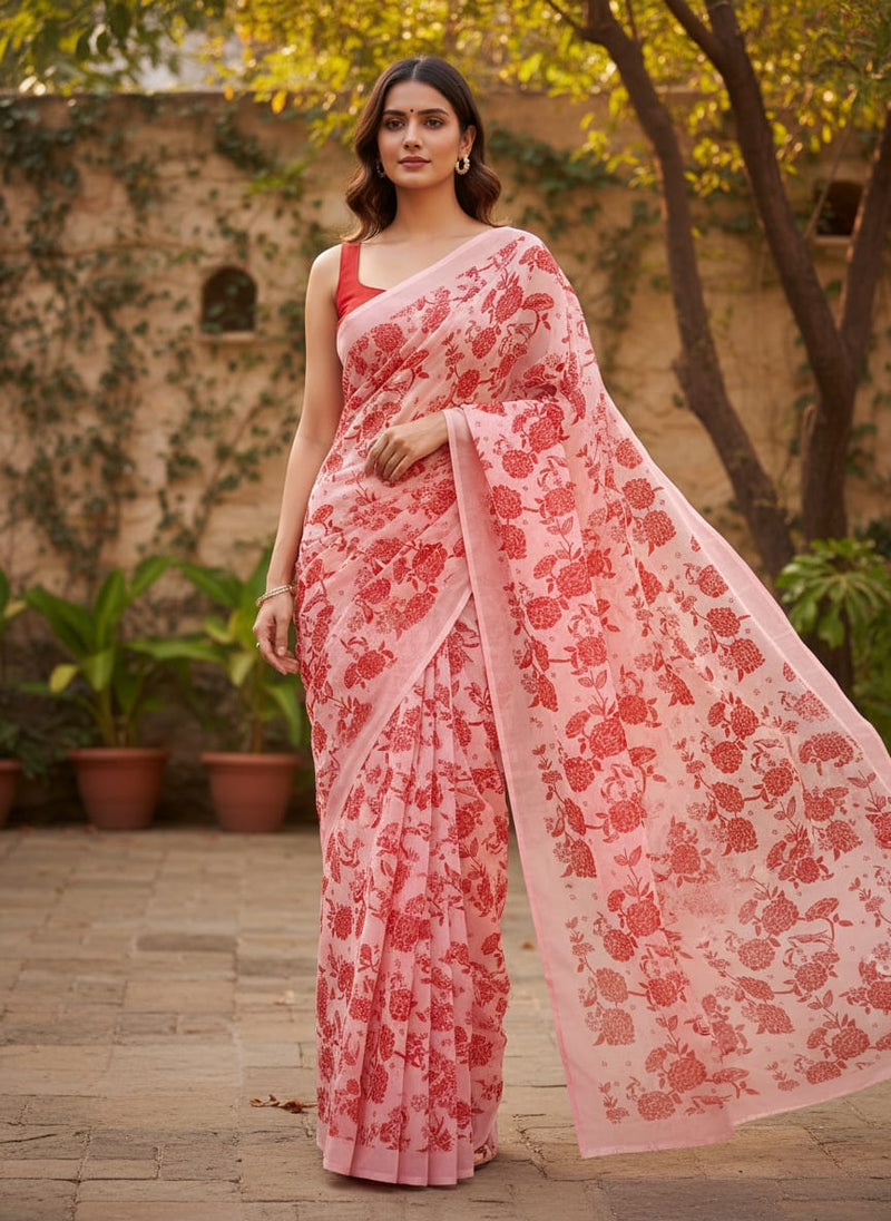 Attractive Red Dahlia Flower Digital Printed Fabric - Organza