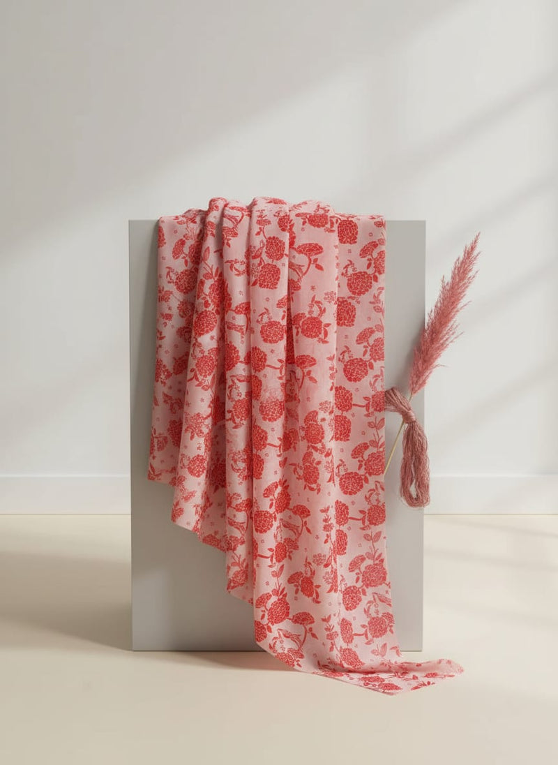 Attractive Red Dahlia Flower Digital Printed Fabric - Organza