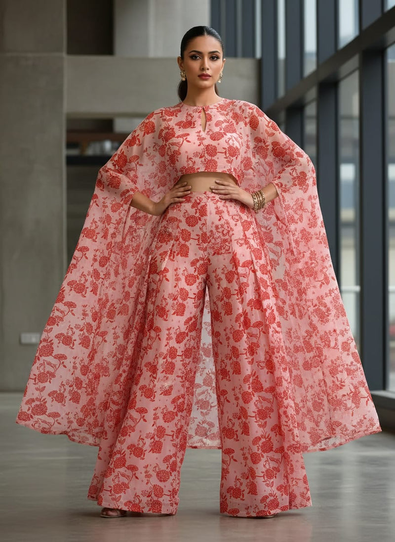 Attractive Red Dahlia Flower Digital Printed Fabric - Organza