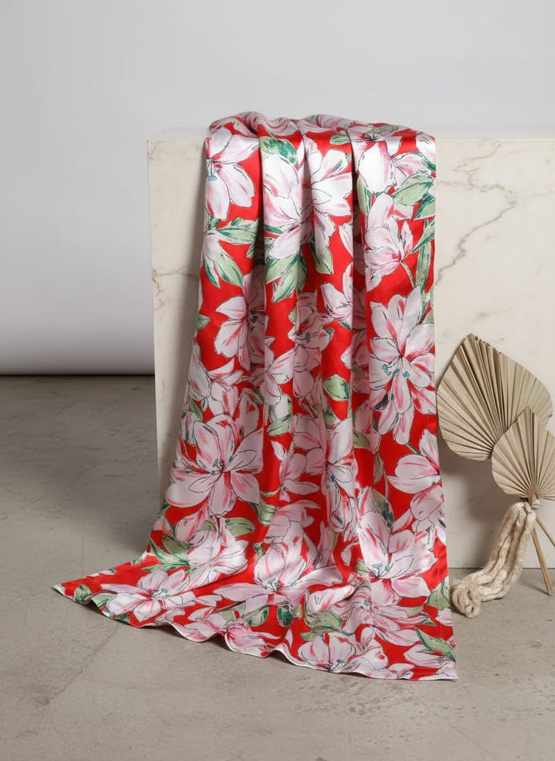 Watercolour Orchid Flower With Green Leaves Digital Printed Fabric - Japan Satin