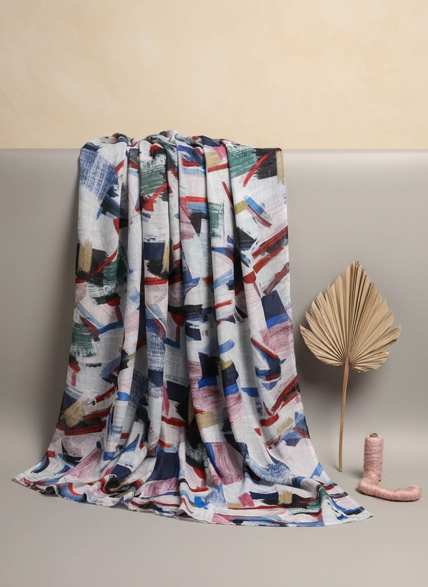 Abstract Multicolour Art Shape Digital Printed Fabric - Poly Muslin