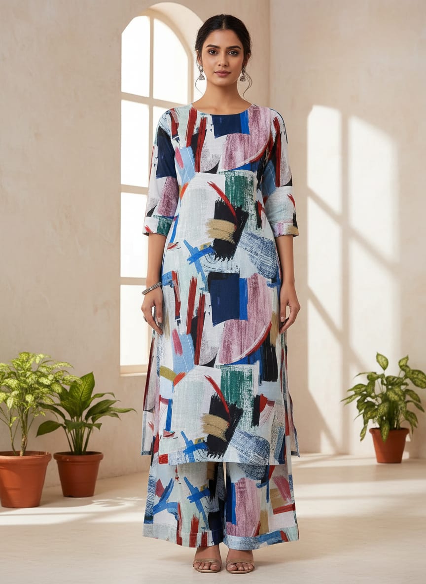 Abstract Multicolour Art Shape Digital Printed Fabric - Poly Muslin