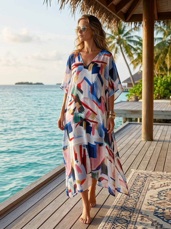 Multicolor Colorful Abstract Brushstroke Muslin Digital Printed Fabric - Kaftan Lookbook - MU-0-TA09460A-110 - alternate view