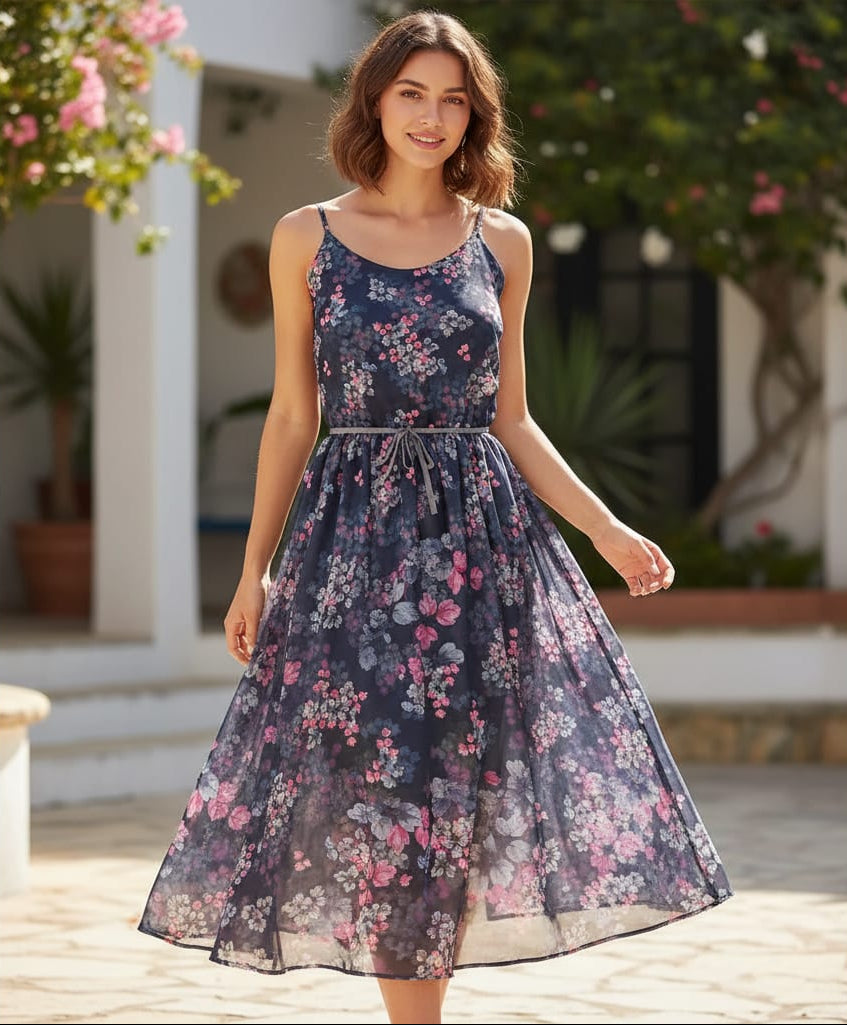 Pink And Gray Leaves With Blue Background Digital Printed Fabric - Organza