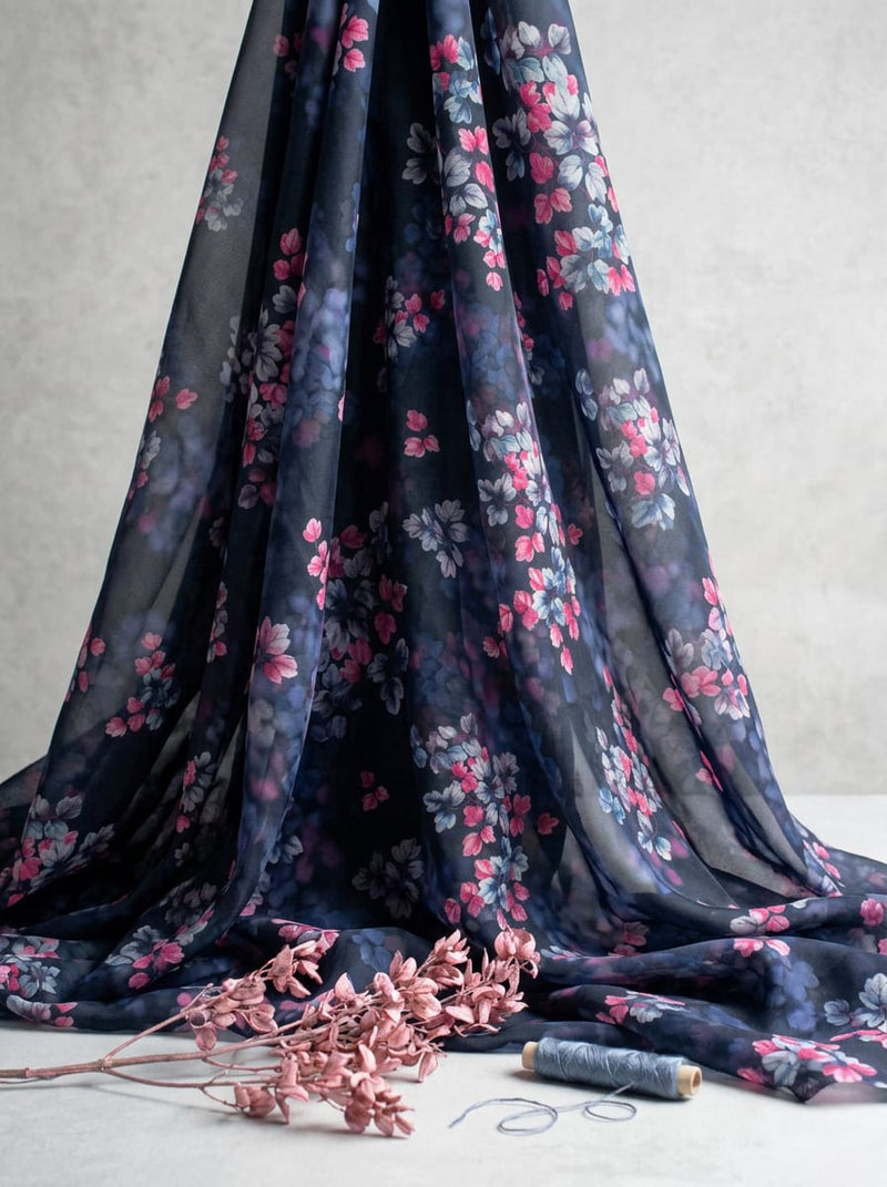 Multicolor Painterly Botanical Leaves Organza Digital Printed Fabric