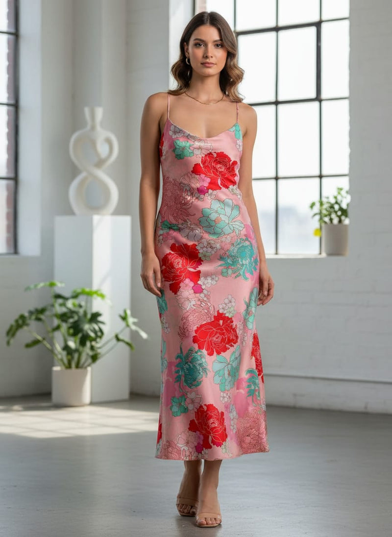 Seamless Red And Pista Roses With Geranium Flower Digital Printed Fabric - Japan Satin