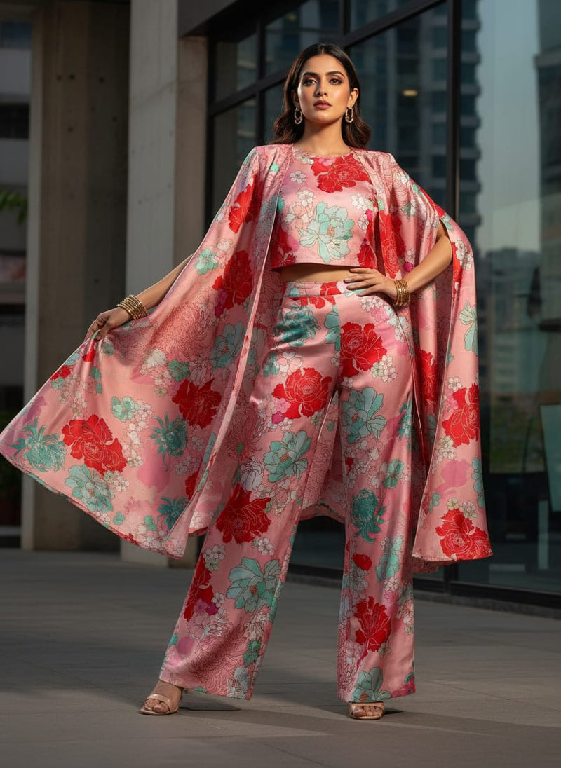 Seamless Red And Pista Roses With Geranium Flower Digital Printed Fabric - Japan Satin