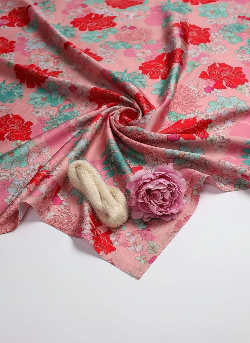 Seamless Red And Pista Roses With Geranium Flower Digital Printed Fabric - Japan Satin