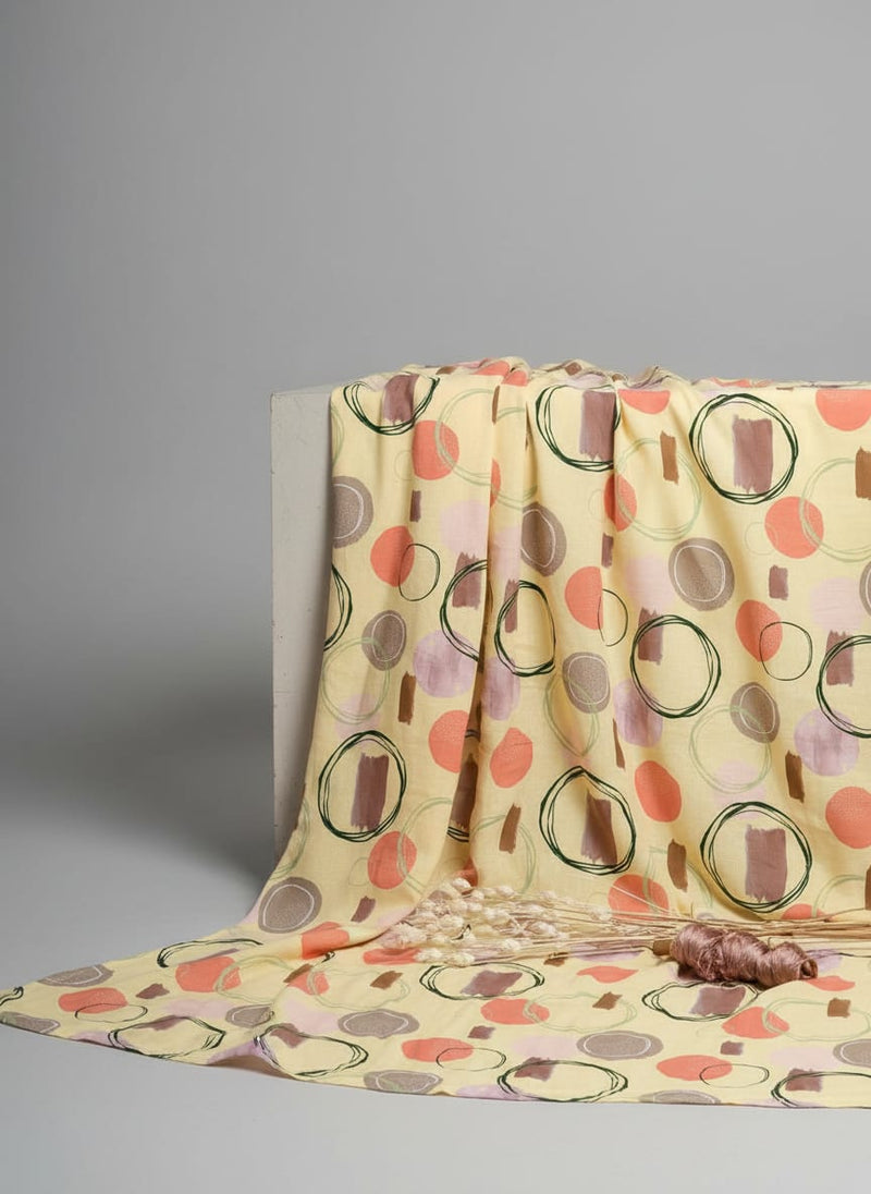 Decorative Abstract Circle Spotted Art Digital Printed Fabric - Pure Muslin