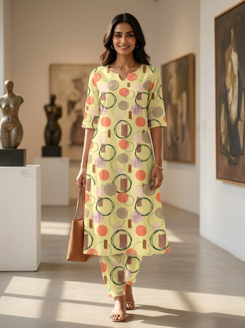 Yellow Abstract Circles and Brush Strokes Pure Muslin Digital Printed Fabric