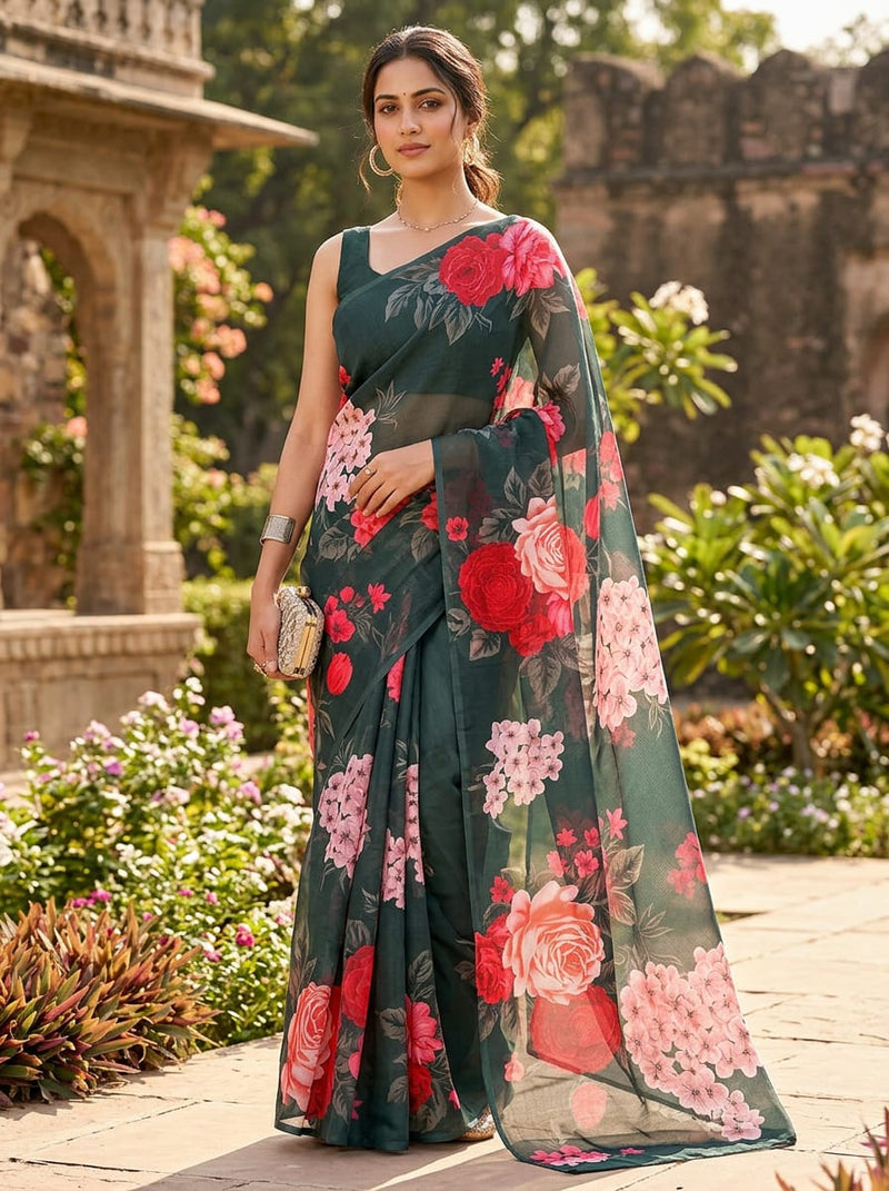 Multicolor Vibrant Roses Floral Print Organza Digital Printed Fabric