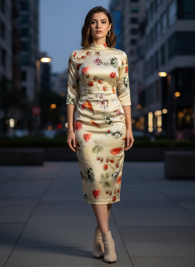 Morden Gradient Colourful Leaves With Roses Digital Printed Fabric - Silk Crepe