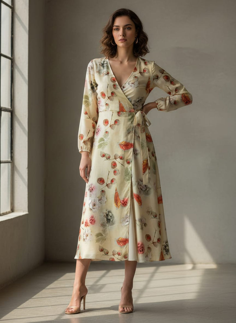 Morden Gradient Colourful Leaves With Roses Digital Printed Fabric - Silk Crepe