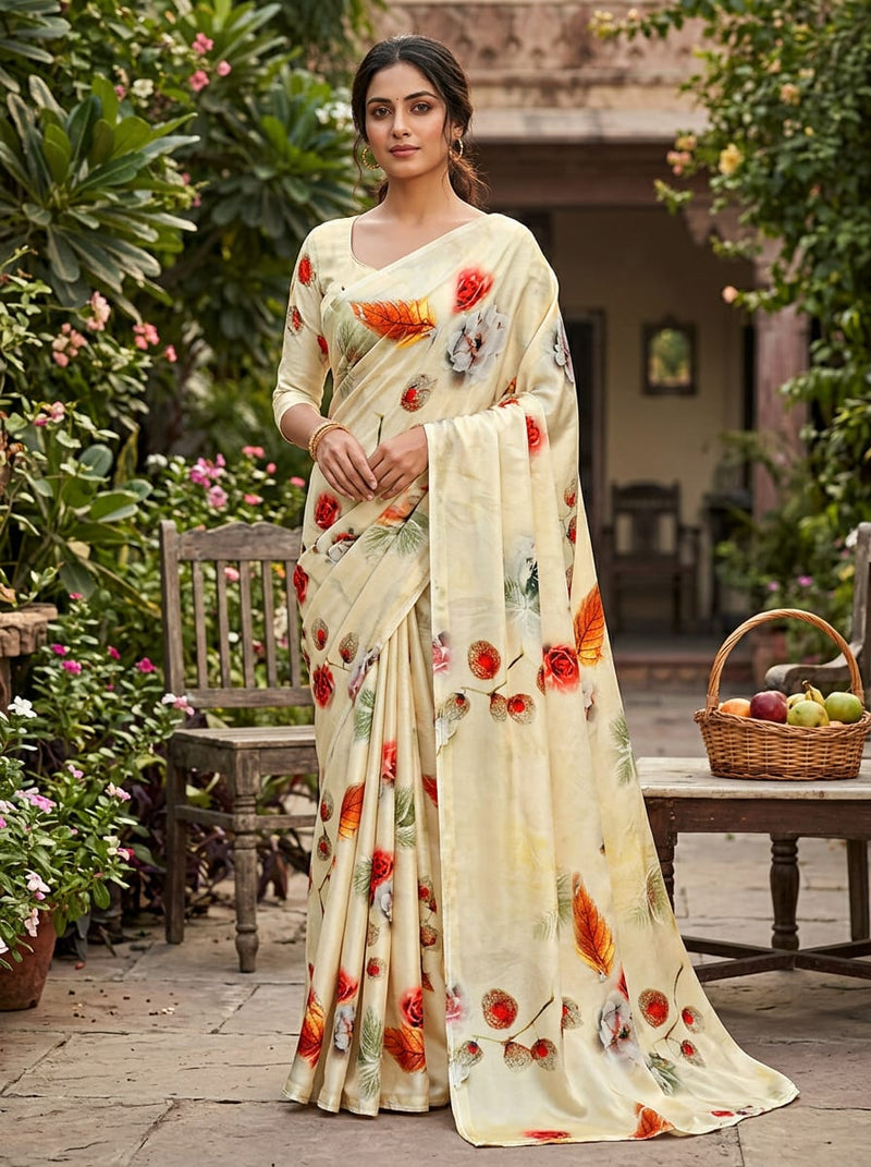 Cream Autumnal Floral Botanical Silk Crepe Digital Printed Fabric