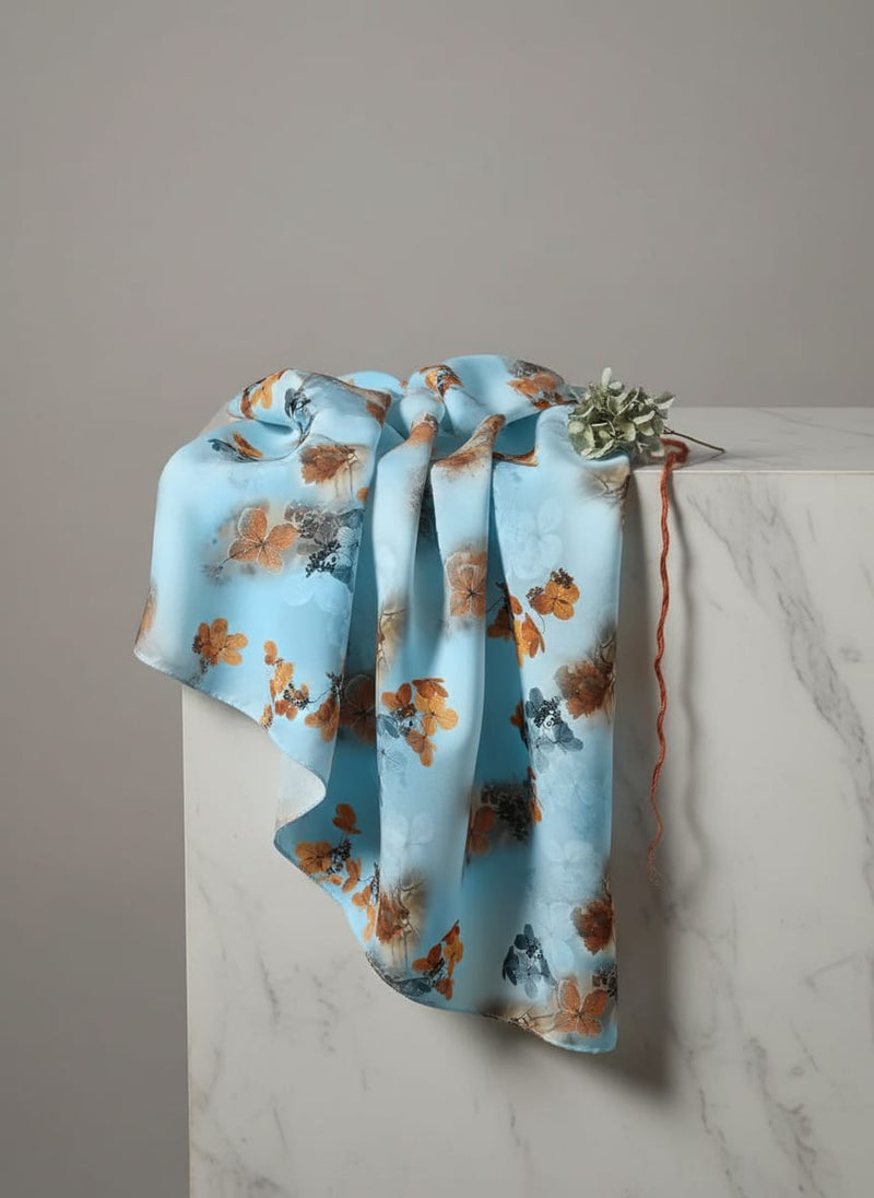 Golden Periwinkle With Blue Floral Digital Printed Fabric - Japan Satin