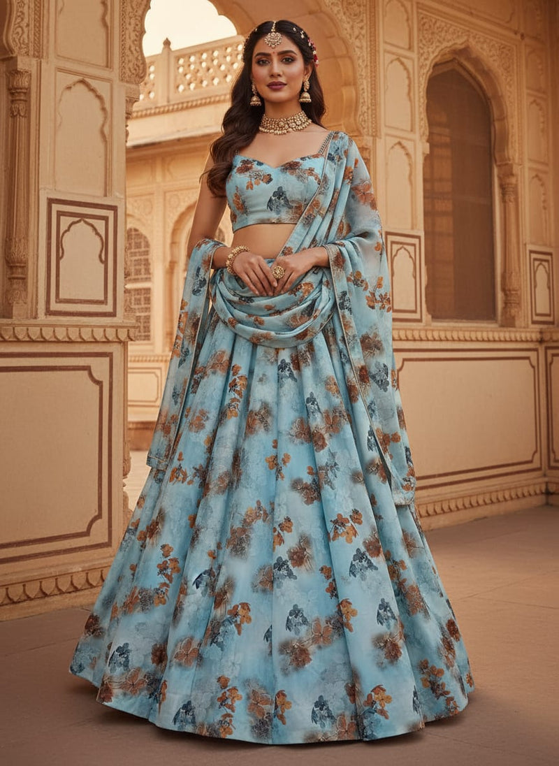 Golden Periwinkle With Blue Floral Digital Printed Fabric - Japan Satin