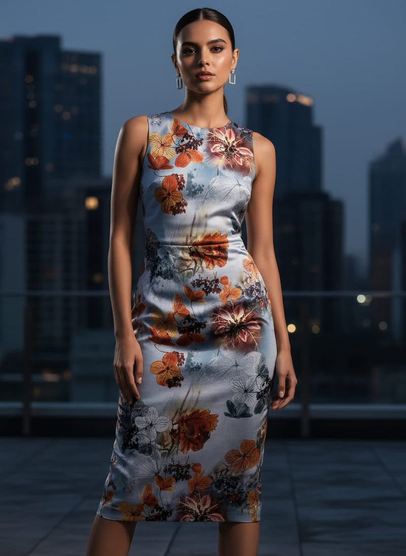 Golden Periwinkle With Gray Floral Digital Printed Fabric - Silk Crepe