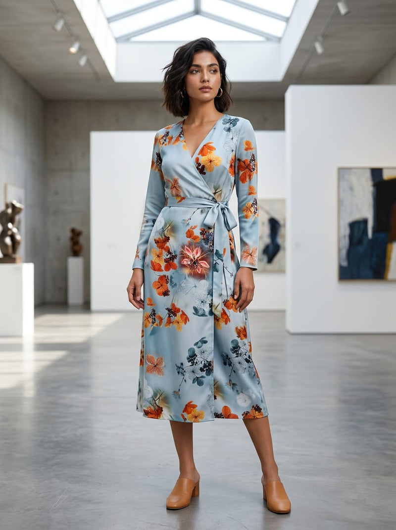 Blue Autumnal Hydrangea Floral Silk Crepe Digital Printed Fabric