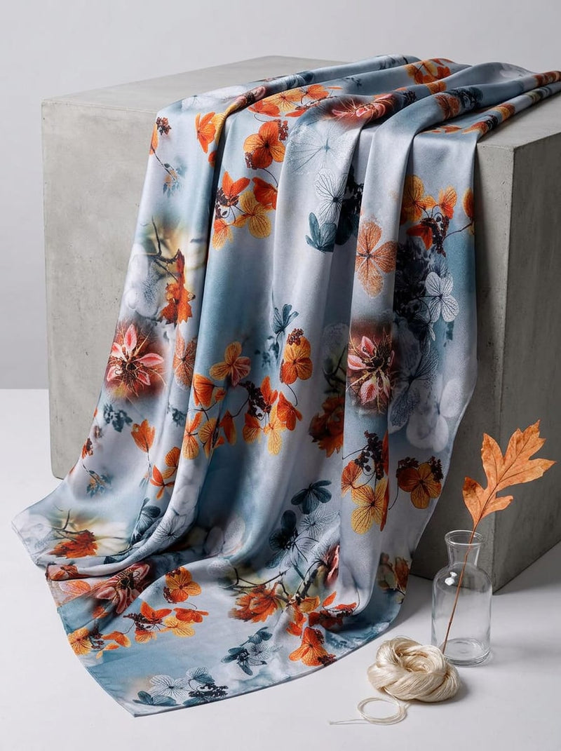 Blue Autumnal Hydrangea Floral Silk Crepe Digital Printed Fabric