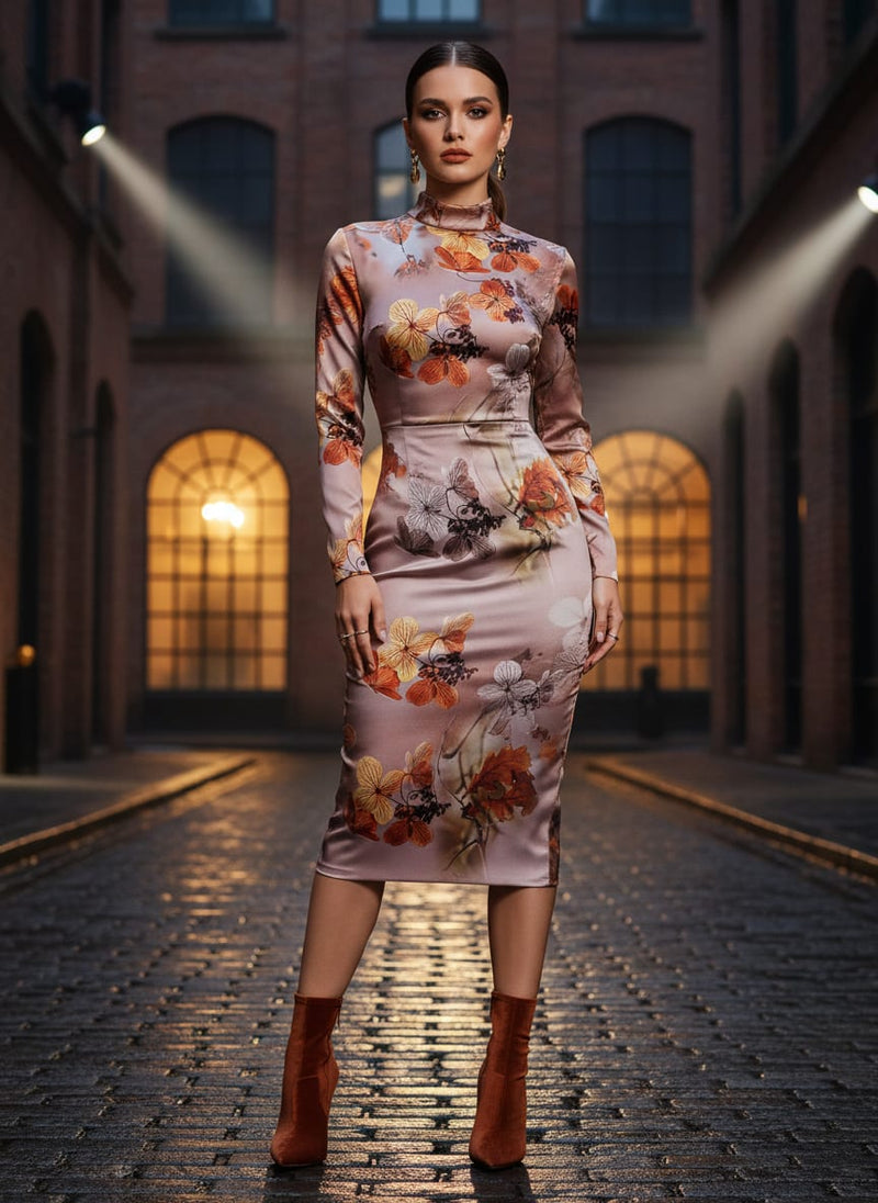 Attractive Brown Periwinkle With Leaves Digital Printed Fabric - Silk Crepe