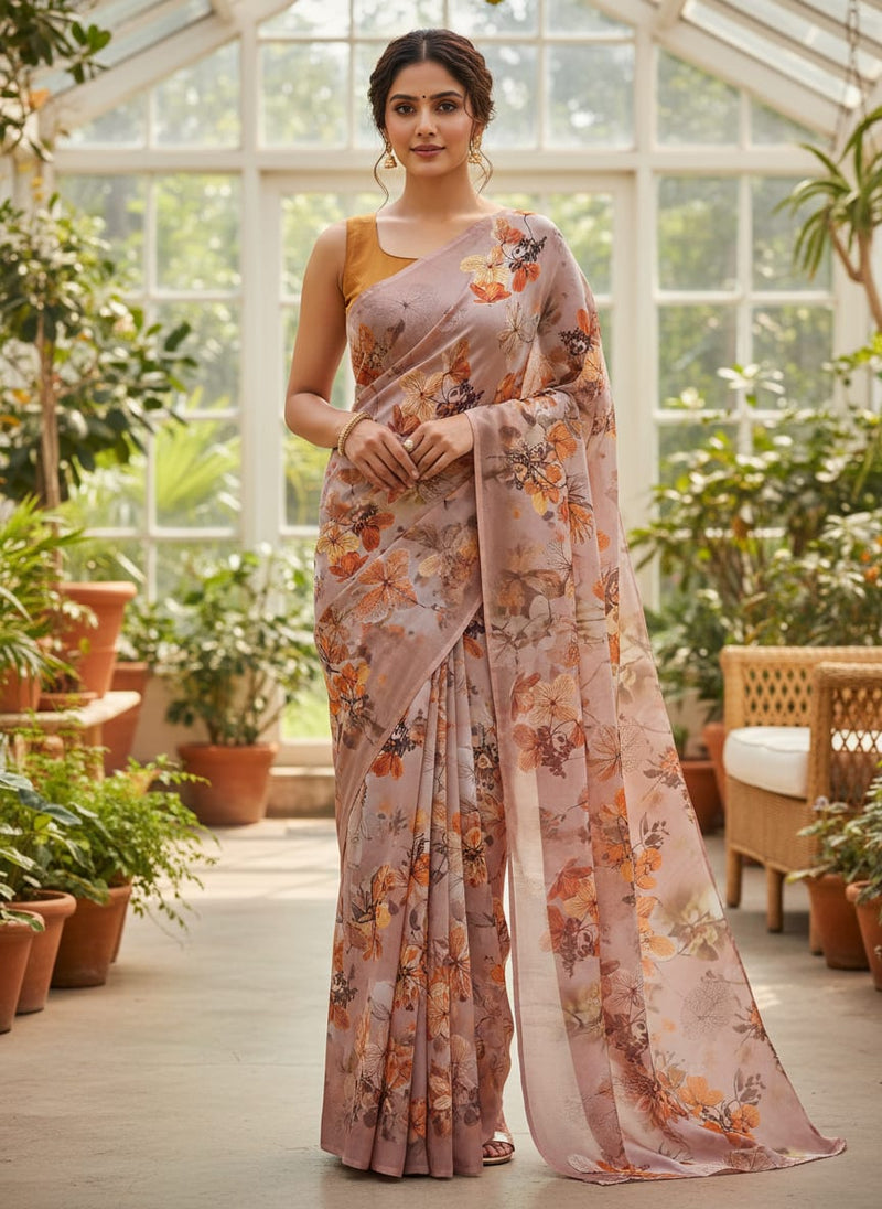 Attractive Brown Periwinkle With Leaves Digital Printed Fabric - Silk Crepe