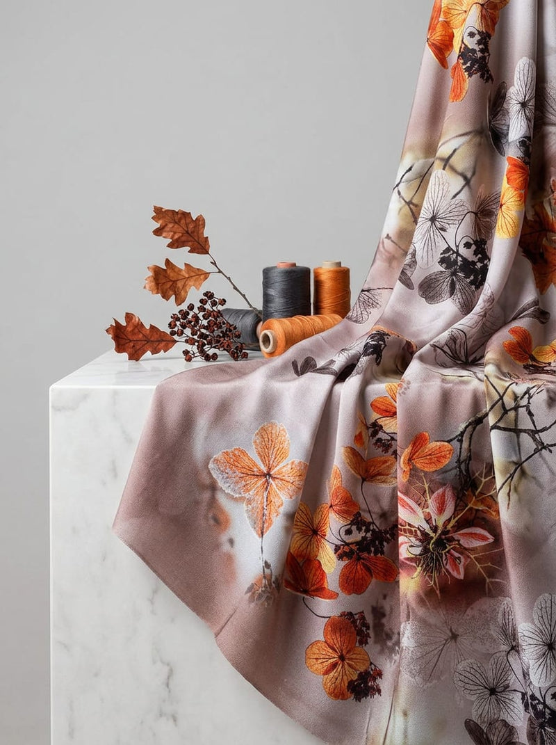 Pink Autumnal Hydrangea Floral Silk Crepe Digital Printed Fabric