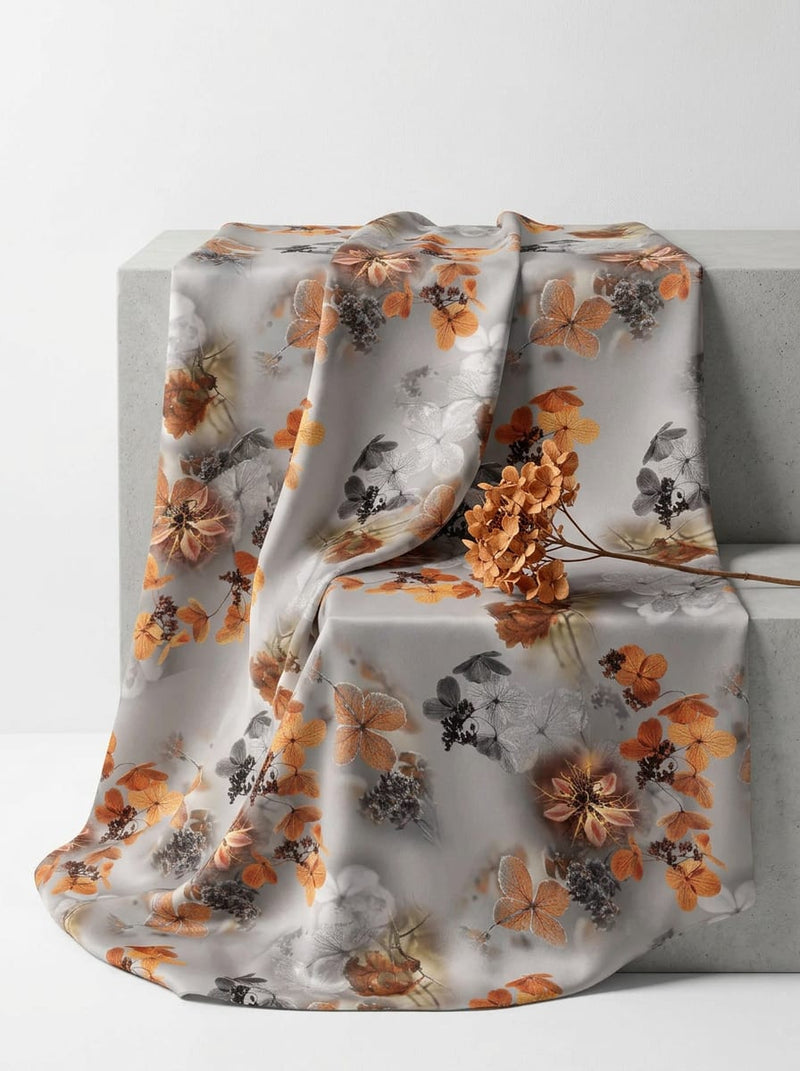 Grey Autumnal Hydrangea Floral Japan Satin Digital Printed Fabric
