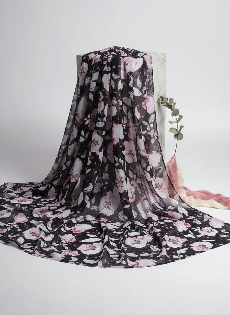 Beautiful Baby Pink Roses With Gray Leaves Digital Printed Fabric - Organza