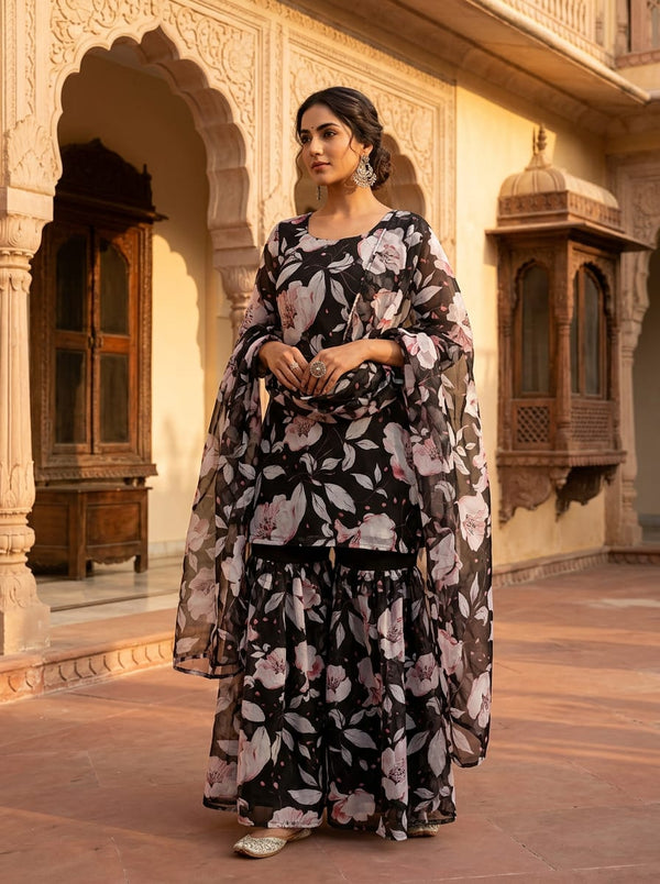 Black Pink White Floral Organza Digital Printed Fabric - Gharara Set Lookbook - OR-0-TA09552P1-110 - alternate view