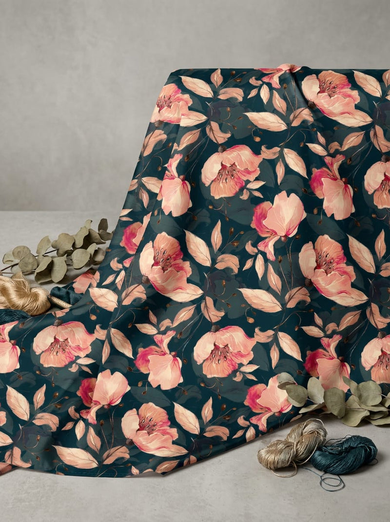 Teal Painterly Floral Bloom Japan Satin Digital Printed Fabric