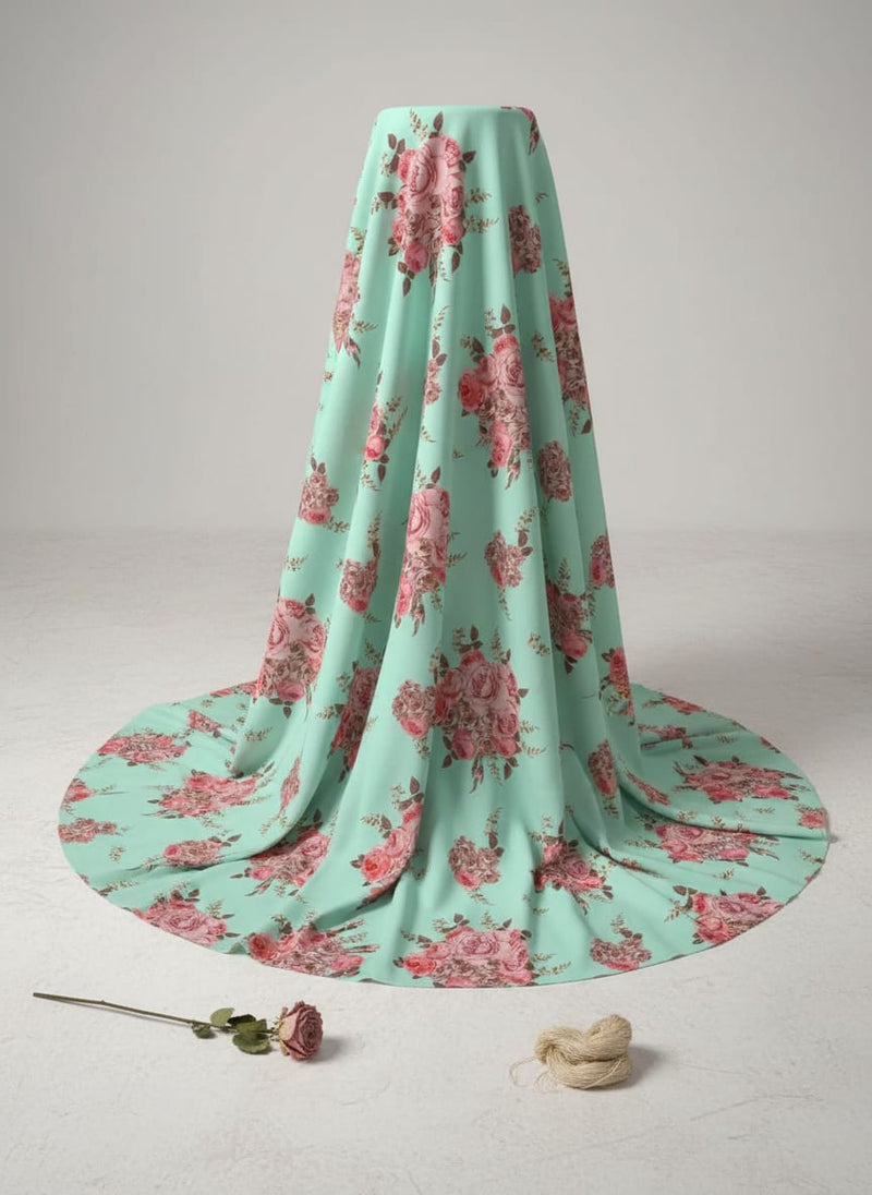 Pink Roses Brown Leaves Digital Printed Fabric - Silk Crepe