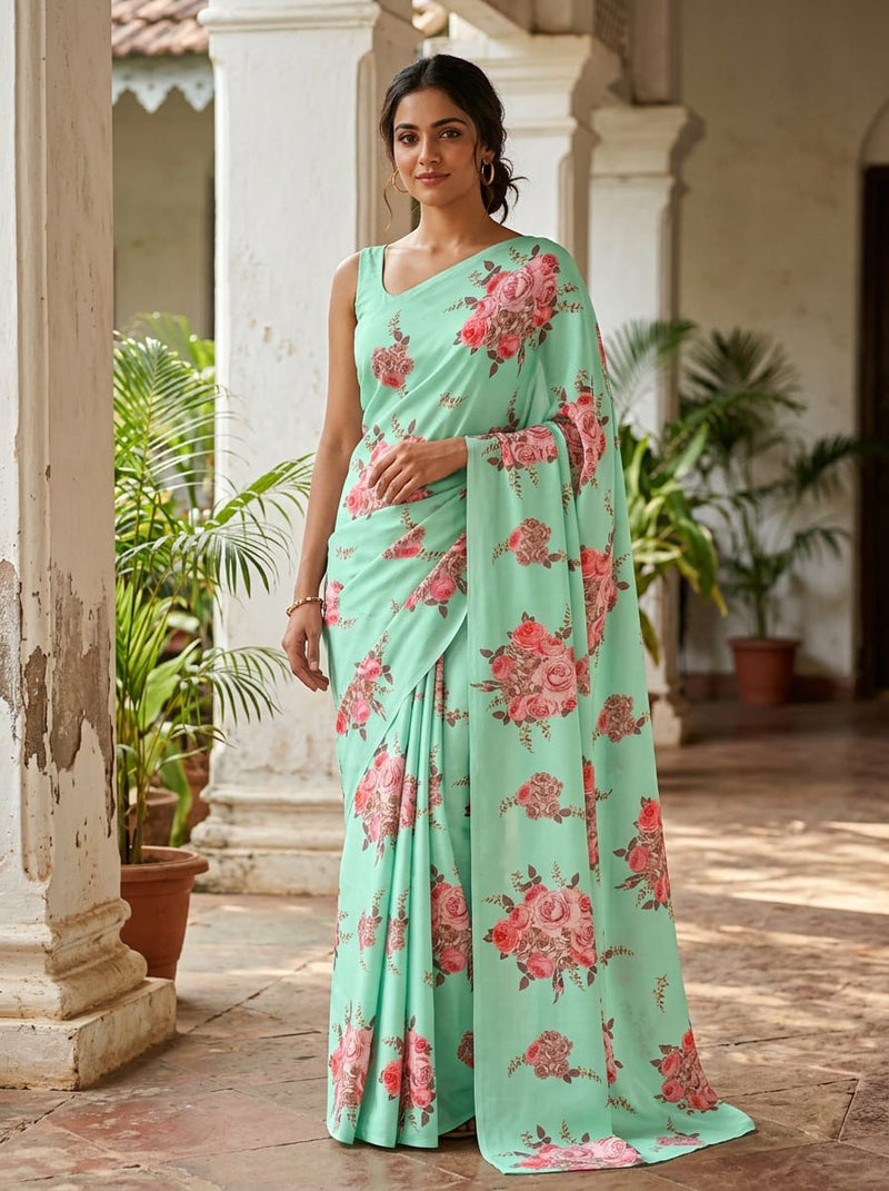 Green Vintage Rose Bouquet Silk Crepe Digital Printed Fabric
