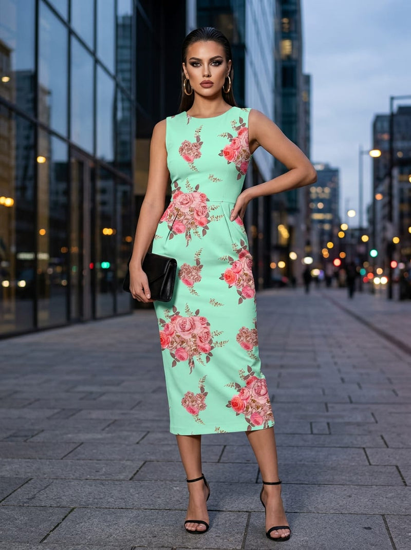 Green Vintage Rose Bouquet Silk Crepe Digital Printed Fabric