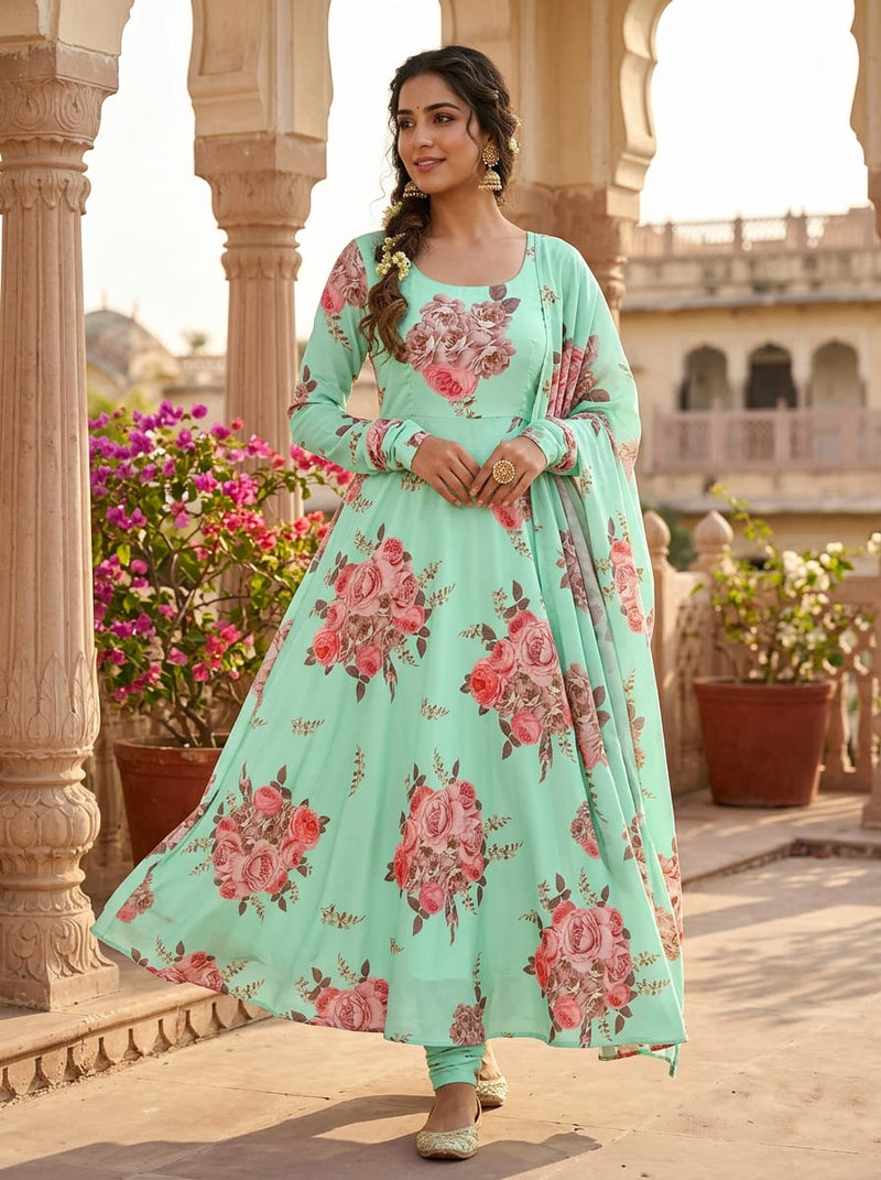 Green Vintage Rose Bouquet Silk Crepe Digital Printed Fabric