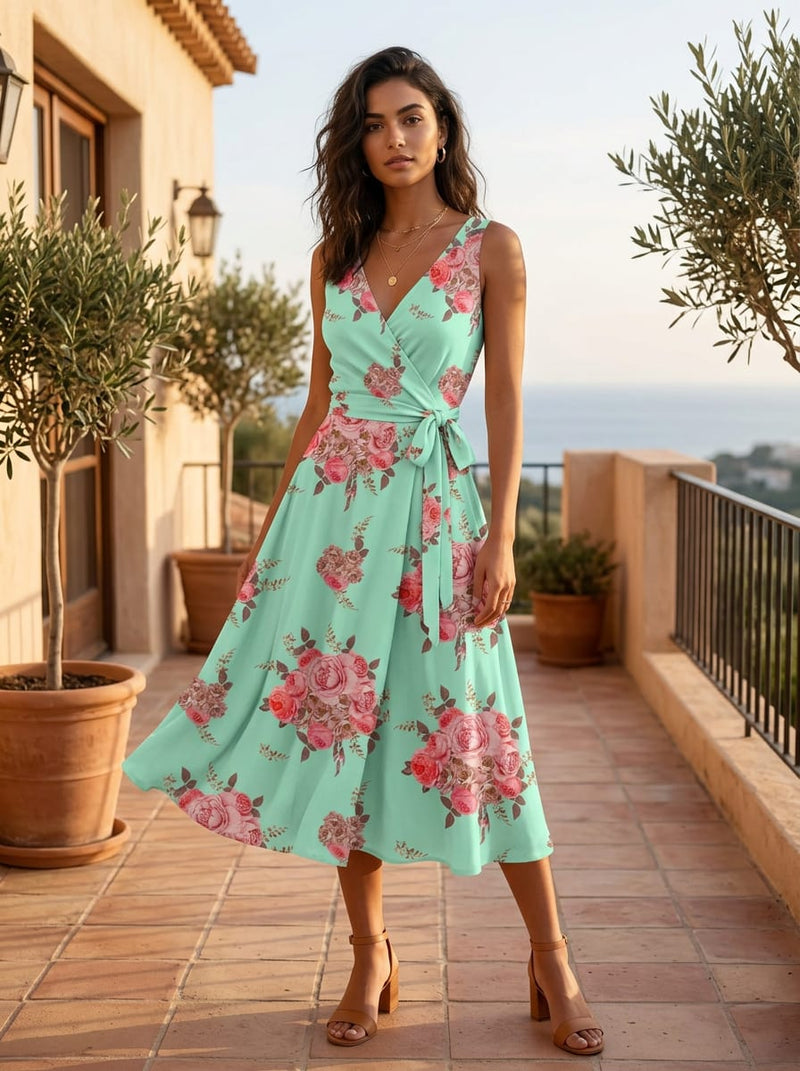 Green Vintage Rose Bouquet Silk Crepe Digital Printed Fabric