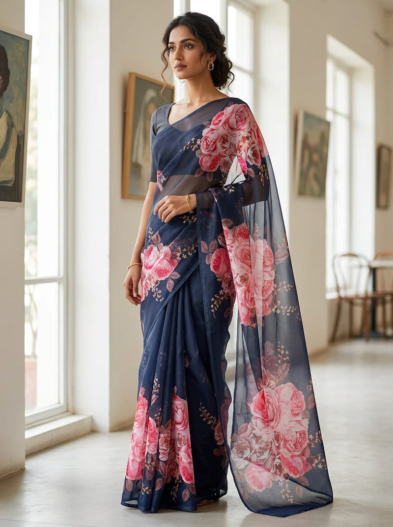 Navy Blue Large Romantic Rose Floral Organza Digital Printed Fabric