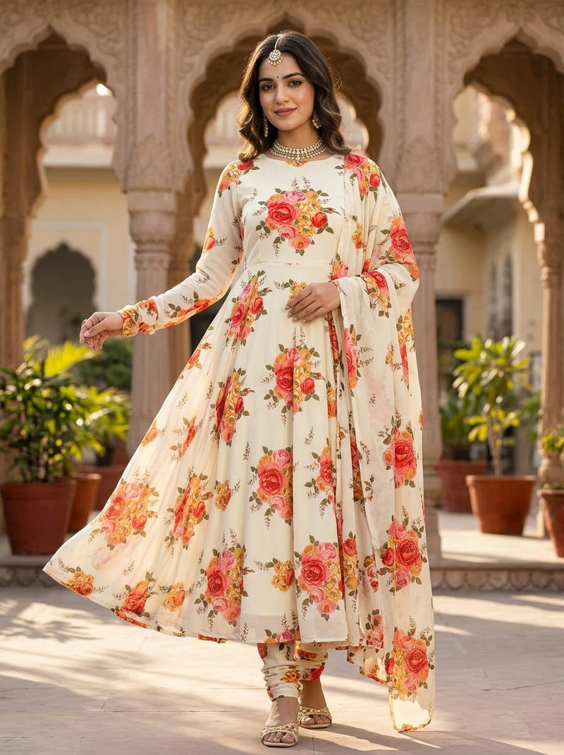 Cream Classic Rose Bouquet Floral Pure Georgette Digital Printed Fabric