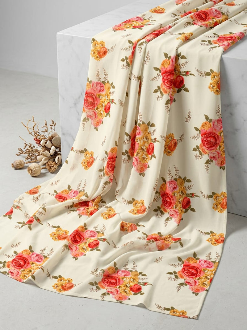 Cream Classic Rose Bouquet Floral Pure Georgette Digital Printed Fabric
