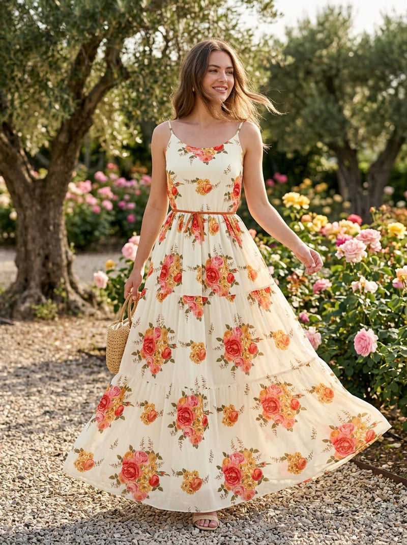 Cream Classic Rose Bouquet Floral Pure Georgette Digital Printed Fabric