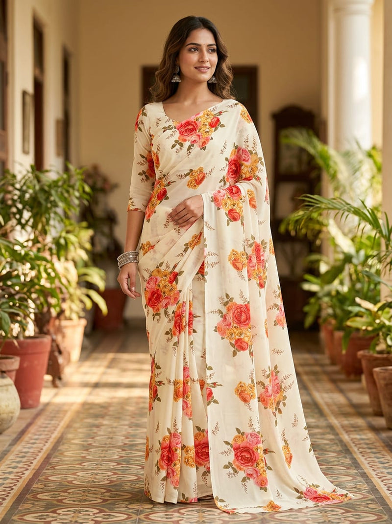 Cream Classic Rose Bouquet Floral Pure Georgette Digital Printed Fabric