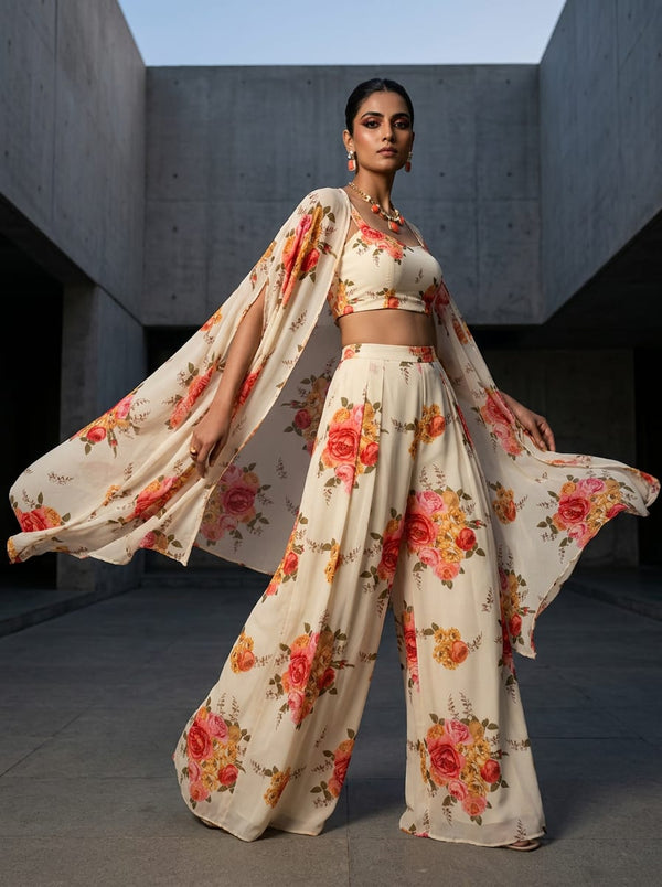 Cream Classic Rose Bouquet Floral Pure Georgette Digital Printed Fabric - Cape with Palazzo Lookbook - PG-0-TA09553P12-110 - alternate view