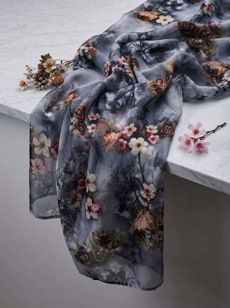 Grey and Pink Misty Garden Floral Organza Digital Printed Fabric