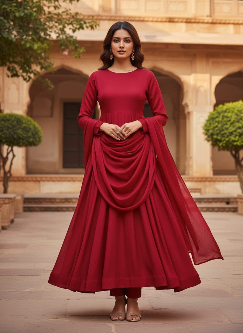 Red Colour Upada Silk Plain Dyed Fabric