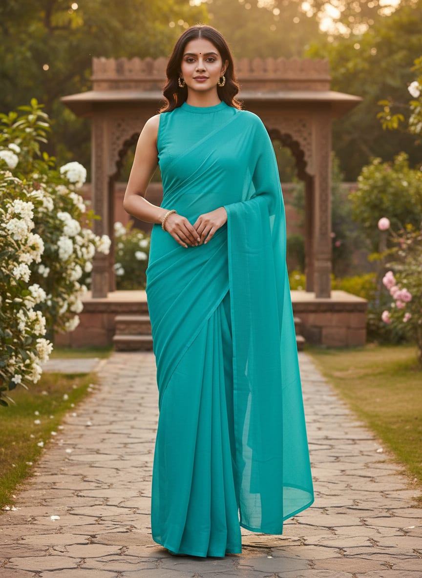 Rama Blue Colour Pure Chinon Plain Dyed Fabric