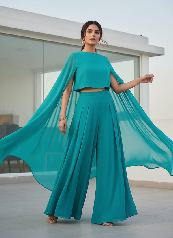 Rama Blue Colour Pure Chinon Plain Dyed Fabric - Cape with Palazzo Lookbook - PLPC-0-PL2026-108 - alternate view