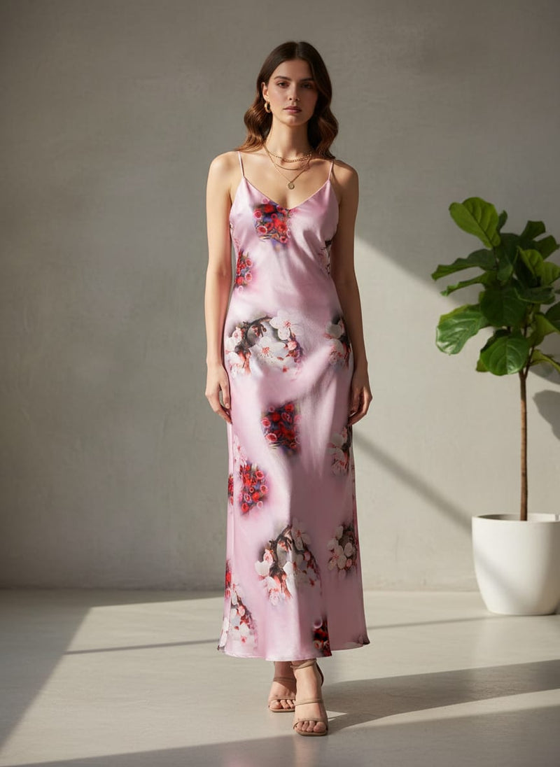 Attractive Jasmin Pink Flower With Orange Rose Digital Printed Fabric - Japan Satin