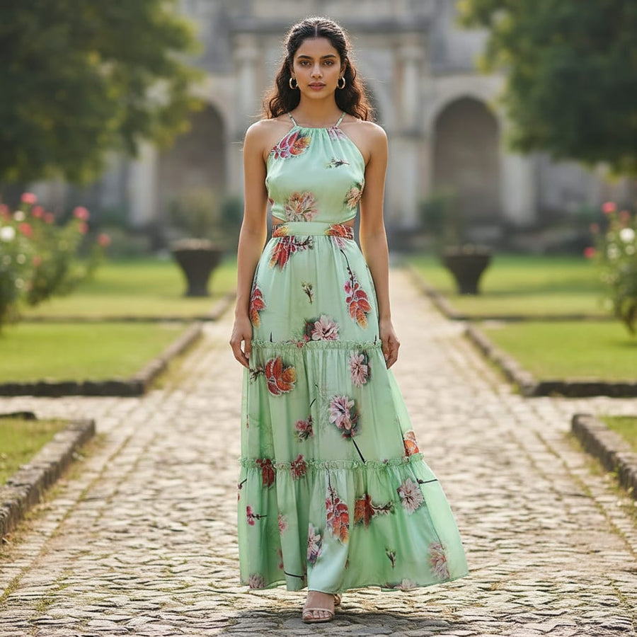 Beautiful Pink Floral With Red Leaves Digital Printed Fabric - Silk Crepe